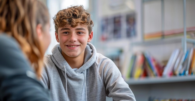 Un adolescent souriant dans une conversation sincère à l'école