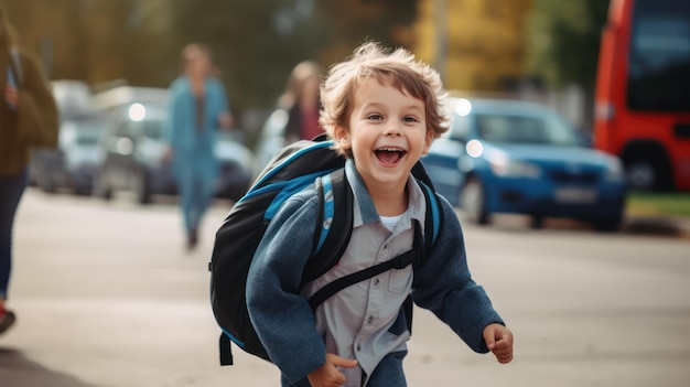 Un adolescent souriant avec un sac scolaire devant l'école