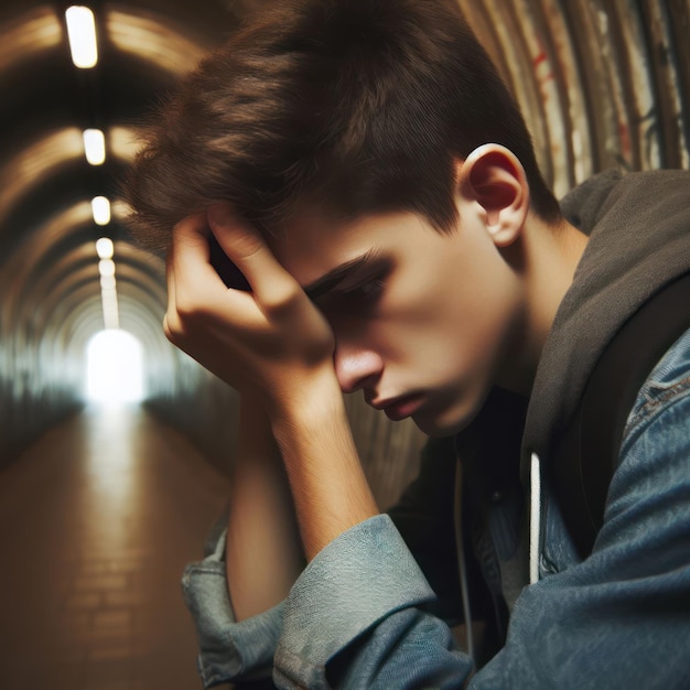 un adolescent triste à l'entrée d'un tunnel