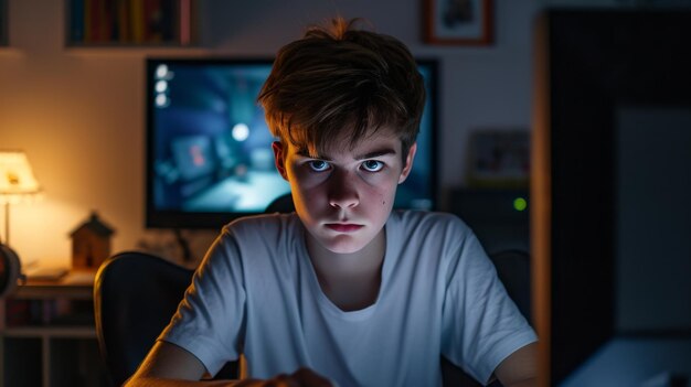 Photo un adolescent utilisant un ordinateur dans l'obscurité, de la cyberintimidation dans des jeux en ligne