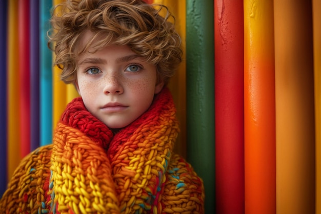 Photo adolescent en vêtements d'automne et de printemps tricotés contre une clôture en couleurs lgbt