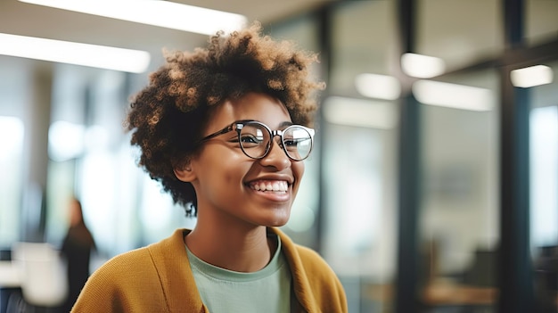 Une adolescente africaine heureuse, souriante, aux cheveux courts, mignonne, étudiante noire, portant des lunettes, détournant le regard dans la bibliothèque du campus universitaire moderne.