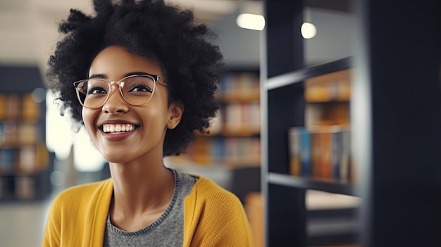 Une adolescente africaine heureuse, souriante, aux cheveux courts, mignonne, étudiante noire, portant des lunettes, détournant le regard dans la bibliothèque du campus universitaire moderne.