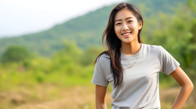 Photo une adolescente asiatique portant un t-shirt et debout sur le terrain