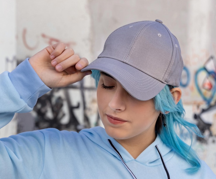 Photo adolescente aux cheveux bleus en sweat à capuche bleu et casquette de baseball avec les yeux fermés touchant sa casquette adolescente aux cheveux bleus reste à l'extérieur contre le mur de graffitis maquette de casquette