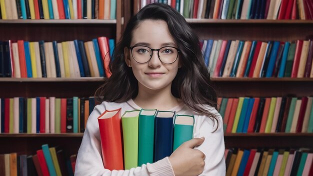 Une adolescente avec beaucoup de livres.