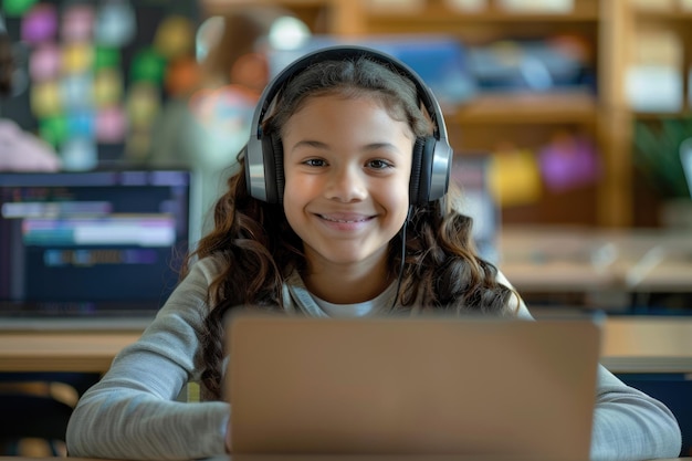 Photo une adolescente biraciale souriante portant des écouteurs et parlant sur un ordinateur portable pendant une conférence en ligne