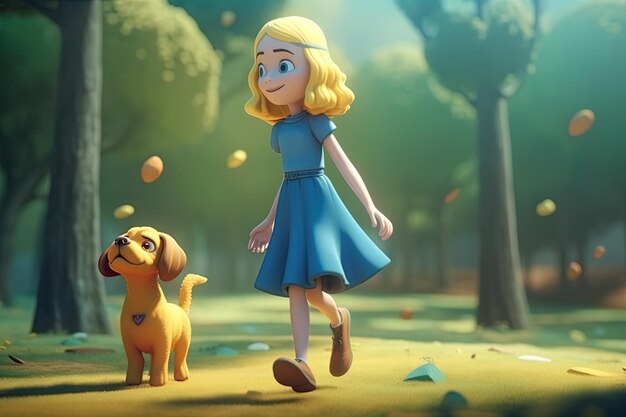 Adolescente blonde mignonne marchant avec son petit chien dans le parc généré en 3d