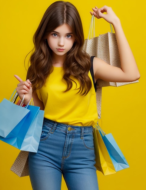 Une adolescente caucasienne sur fond jaune, une jeune femme élégante avec des sacs à courses à la main.