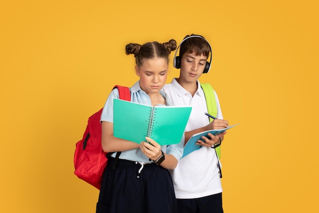 Une adolescente caucasienne sérieuse et un élève avec des sacs à dos étudient pour se préparer à l'examen