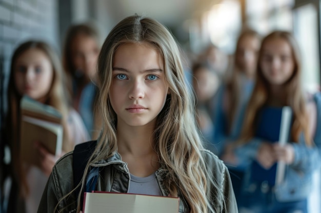 Photo une adolescente dans le couloir de l'école tient un livre des camarades de classe joyeuses filles en arrière-plan ia générative