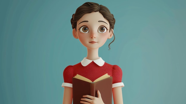 Une adolescente de dessins animés vibrante et élégante capturée dans une délicieuse illustration en 3D Elle porte une robe rouge cerise chic et tient un journal capturant l'essence de la vitalité jeunesse