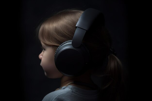 Une adolescente écoute de la musique avec des écouteurs à fond noir isolé