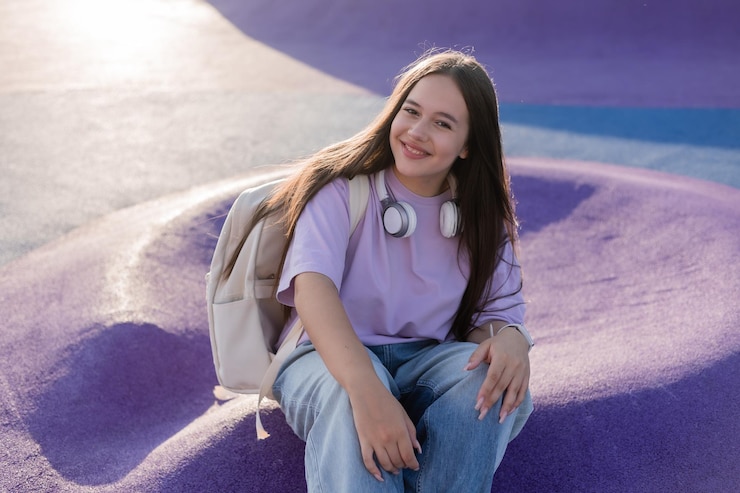 Photo une adolescente écoute de la musique sur un terrain de jeu de la ville espace d'arrière-plan lilas pour le texte