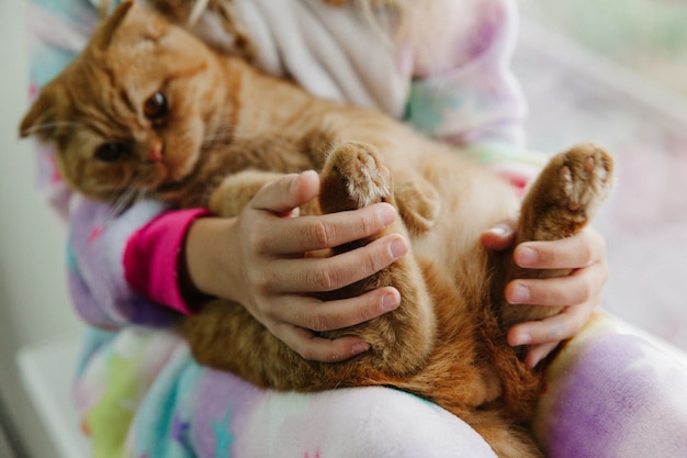 Une adolescente est assise en pyjama à la fenêtre de la maison et tient un chat roux. rester à la maison.