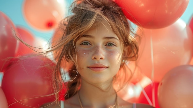 Photo une adolescente est entourée de ballons.