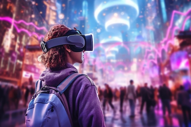 Une adolescente explore la ville du métaverse dans des lunettes de réalité virtuelle en gros plan extrême AI générative