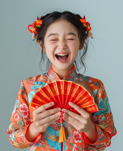 Photo une adolescente expressive avec une robe traditionnelle chinoise un concept de nouvel an chinois