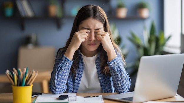 Photo une adolescente fatiguée se frotte les yeux secs irritables se sent la tension oculaire migraine après le travail sur l'ordinateur exh