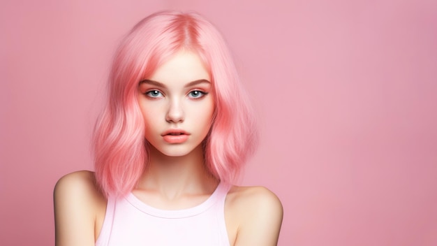 Adolescente fictive ou jeune femme aux cheveux roses sur fond rose avec espace de copie généré par l'IA