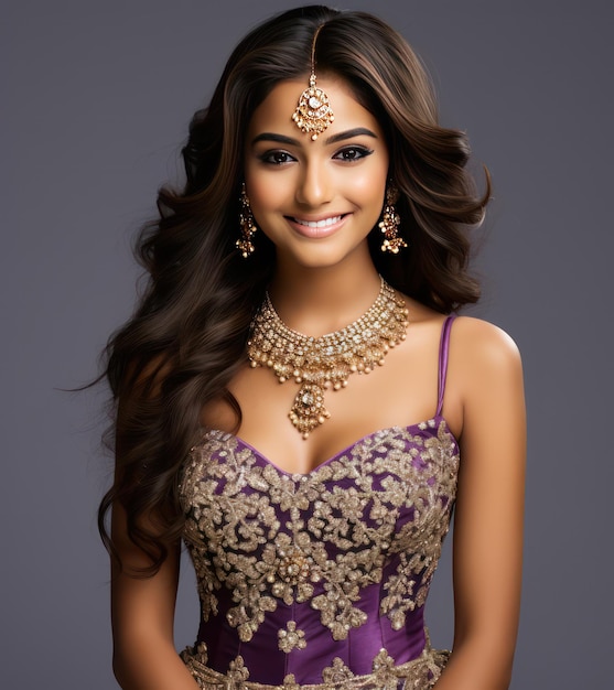 Une adolescente indienne en lehenga violet royal avec des détails dorés montre son expression joyeuse et radieuse