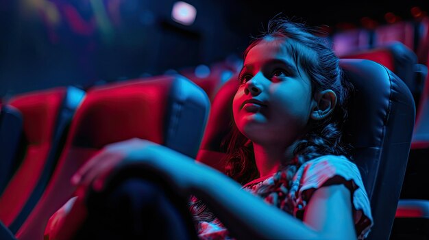 Une adolescente indienne regarde un film dans un cinéma sombre.