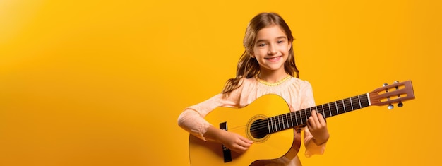 Adolescente jouant de la guitare sur fond jaune