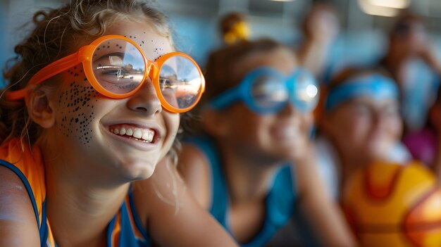 Photo une adolescente malvoyante joue joyeusement au goalball avec ses amis