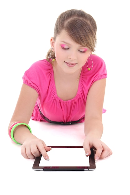 adolescente, mensonge, et, utilisation, tablette, pc, sur, fond blanc