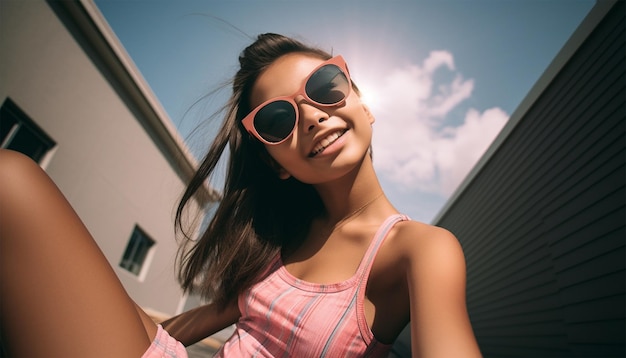 Une adolescente mignonne et positive tenant un téléphone portable avec une caméra qui regarde droit en prenant un selfie.