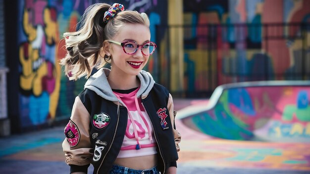 Une adolescente mignonne avec une veste à la mode et des lunettes de couleur.