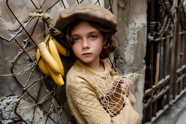 Une adolescente à la mode en béret français tenant un sac de filet avec des bananes