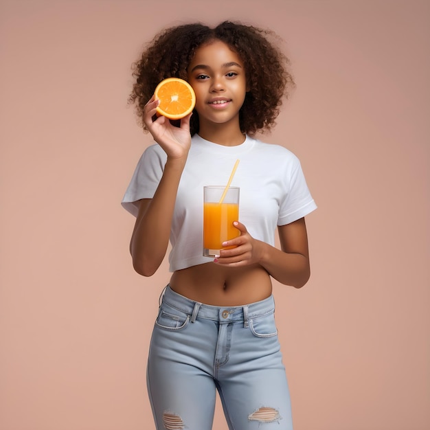 Une adolescente noire tenant une orange et un verre de jus d'orange dans ses mains