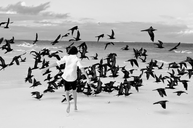 Adolescente sur la plage avec des oiseaux