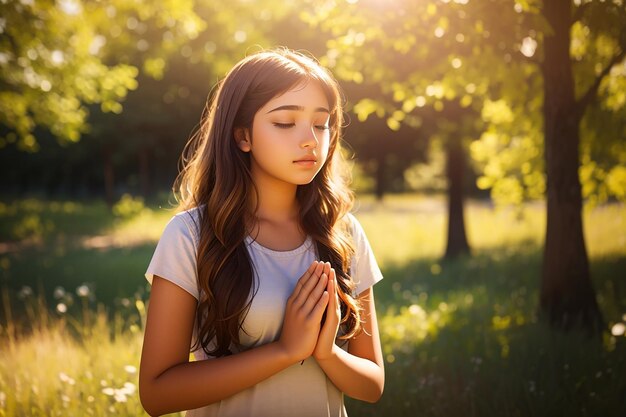 Photo une adolescente avec la prière dans la nature ensoleillée