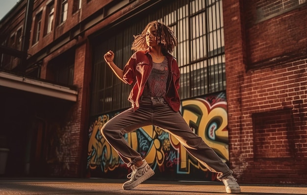 Une adolescente qui danse le break dans une rue de la ville.