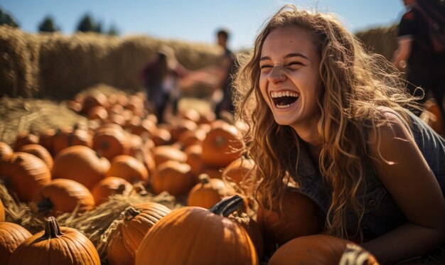 Une adolescente qui rit dans une courbe de citrouilles Une belle adolescente qui se prend en photo dans des citrouilles orange au marché de la ferme Bonjour Halloween et Thanksgiving