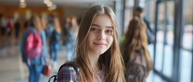 Une adolescente avec un sac à dos souriant parmi ses camarades dans un couloir d'école animé