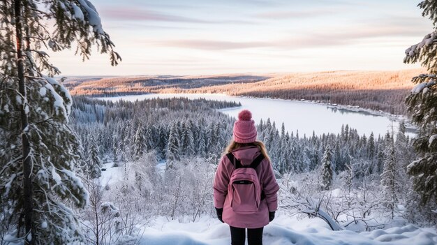 Une adolescente se tient debout et regarde les arbres couverts de neige. Elle profite d'une journée glaciale d'hiver.