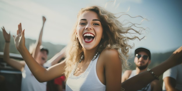 Une adolescente souriante, heureuse, les pom-pom girls du lycée applaudissent.