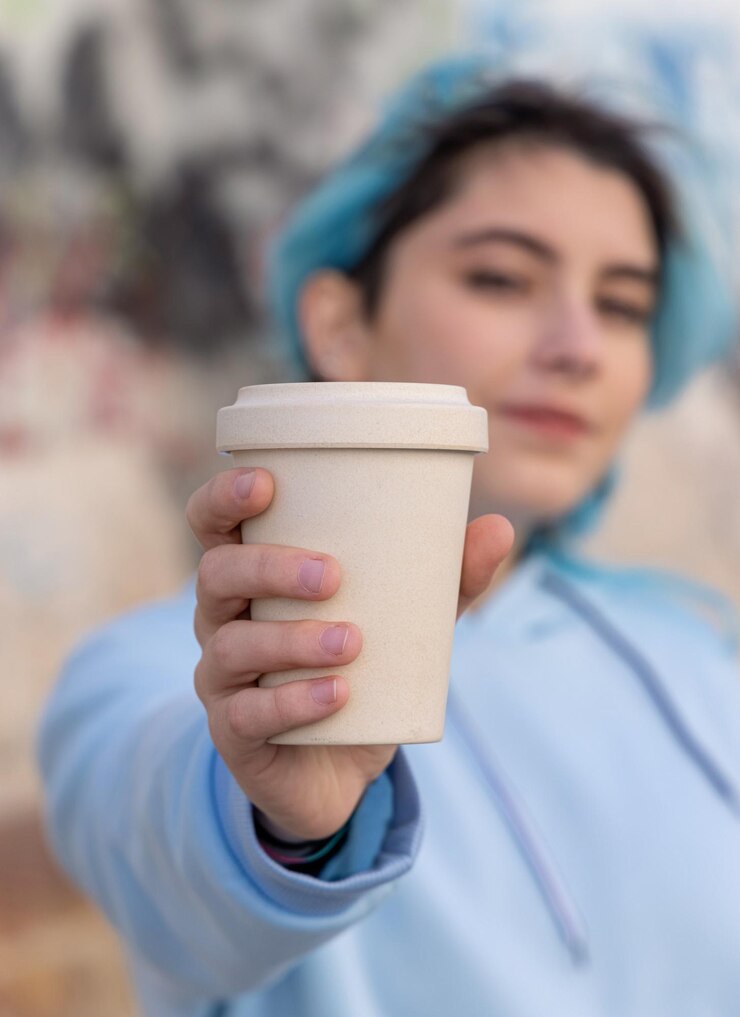 Photo adolescente en sweat à capuche oversize bleu clair avec café à emporter adolescente aux cheveux bleus restant à l'extérieur près du mur de graffitis maquette de coupe concept hipster et adolescence