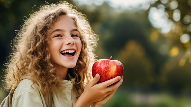 Une adolescente tenant une pomme dehors.