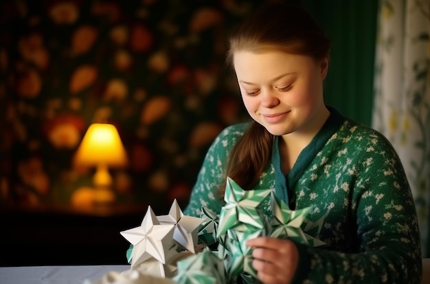 Adolescente trisomique faisant de l'origami dans une jolie pièce