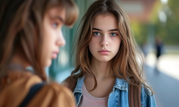 Photo une adolescente triste et jolie qui regarde la caméra à son école.