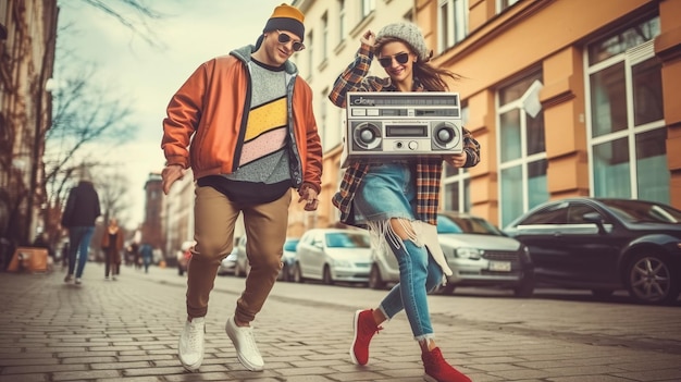 Des adolescents des années 90 dansent avec des boomboxs en ville.