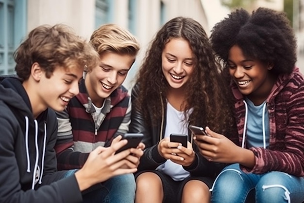 Photo adolescents en cercle avec l'ia générative des smartphones