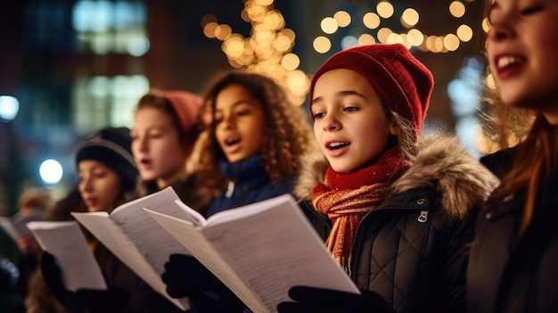 Photo des adolescents chantent des chansons traditionnelles dans la rue de la ville la veille de noël.