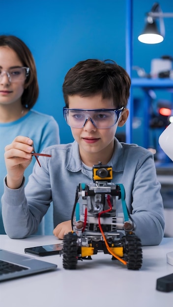 Des adolescents effectuent des expériences en robotique dans un laboratoire. Un garçon portant des lunettes de protection regarde un robot.
