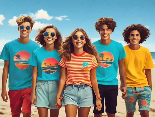 Photo des adolescents jouant sur la plage portant des t-shirts rétro