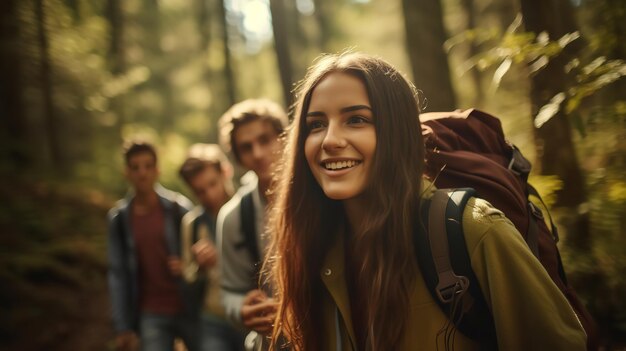 Photo adolescents en randonnée dans les bois profitant de leur temps generative ai